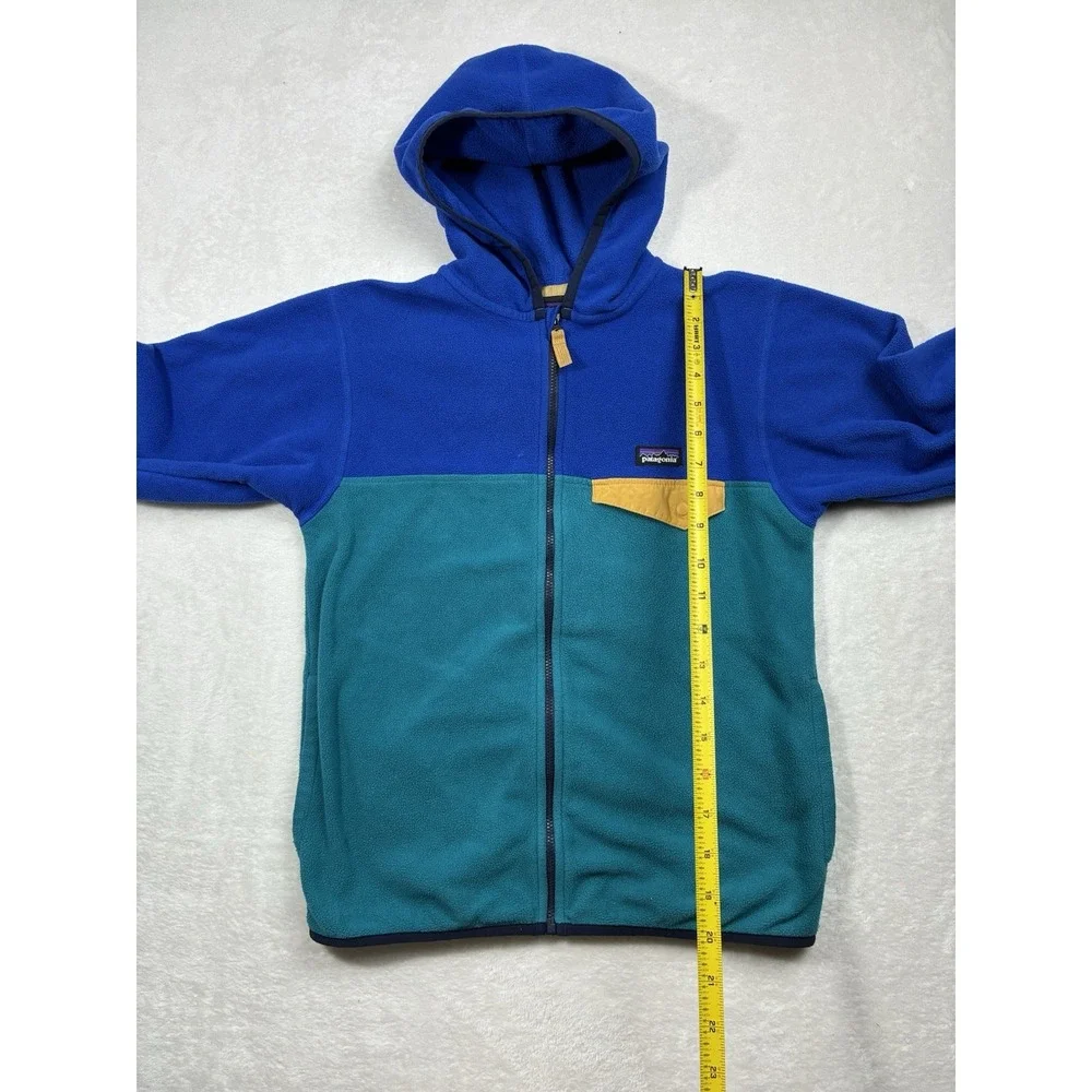 Patagonia Micro D Snap-T Fleece Hoodie Full Zip Colorblock Kids L(12) Teal Blue
